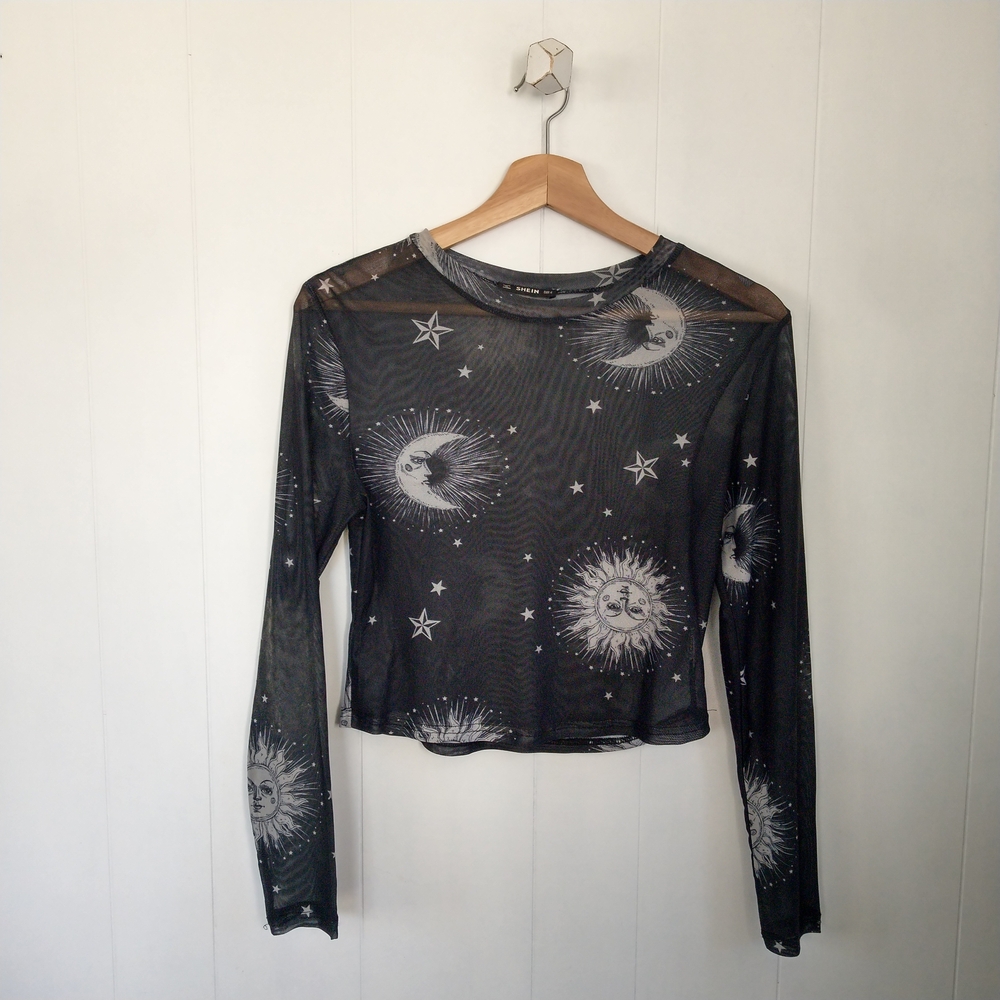 ☆ SHEIN Black Long Sleeve Mesh Top with Sun and Moon Print